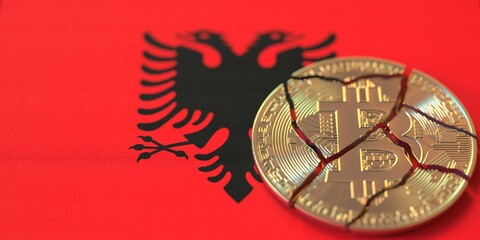 Flag of Albania and destroyed bitcoin. Cryptocurrency ban or restrictions related 3d rendering