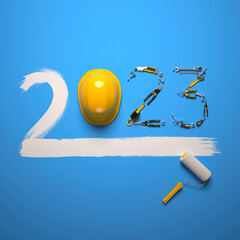 Creative 2023 New Year design template on engineering, construction and maintenance theme. 3d render illustration for a greeting card, calendar or banner.
