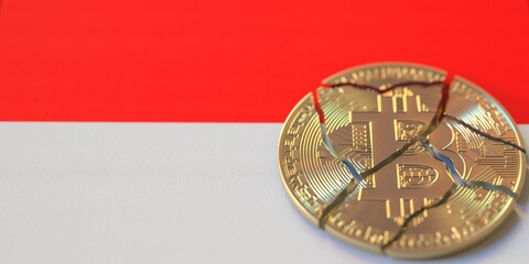 Broken bitcoin on the flag of Indonesia. Legal issues and cryptocurrency regulations problems concepts, 3d rendering