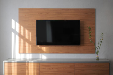 Large TV on a wooden panel on the wall