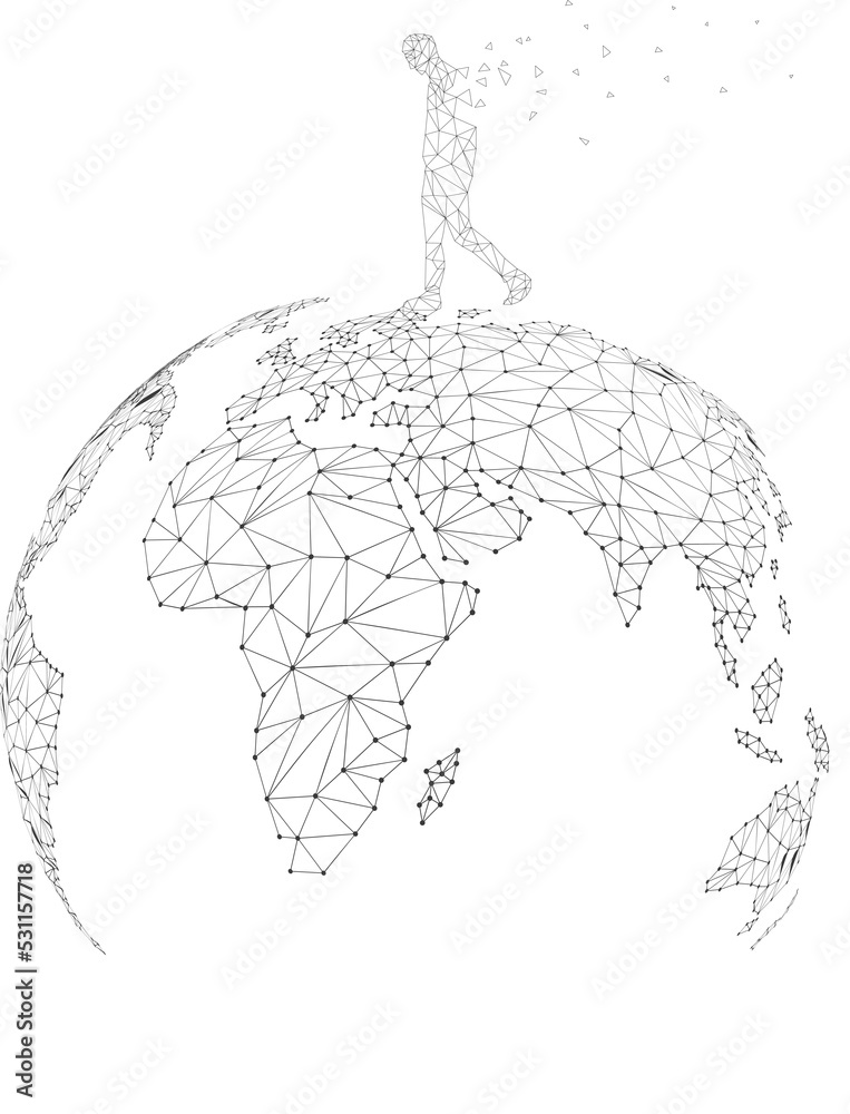 Poster Man walk on 3D world map Globe wireframe polygon dot connect line: concept of travel , world connection
