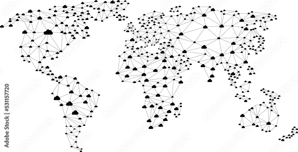 Aufkleber Cloud network World map wireframe polygon dot connect line : concept of cloud computing 