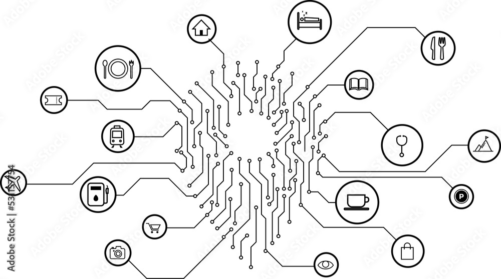 Poster location pin mark icon and place around with circuit line graphic, concept of location and facility 