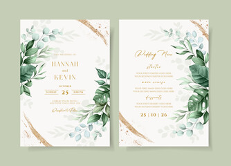 Beautiful wedding invitation and menu template set with greenery decoration