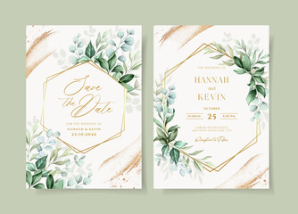 Fototapeta na wymiar Beautiful wedding invitation template set with greenery decoration