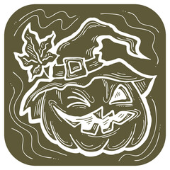 Halloween pumpkin monster head hand drawn illustration. Big round orange pumpkin. Cute and scary face ghost. Poster print design, party decoration, invitation deco.