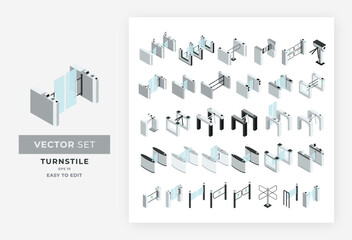 Isometric Turnstile Kit Vector. A collection of various types of entry and exit gates is used to limit people to be more orderly in tourist attractions, and public facilities companies. - obrazy, fototapety, plakaty