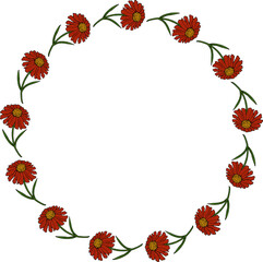 Round frame with cute red flowers on white background. Vector image. Doodle style.