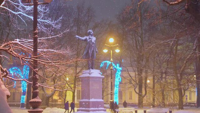4k, monument to Alexander Pushkin on Arts Square, winter snowfall, blurred, Saint-Petersburg, Russia