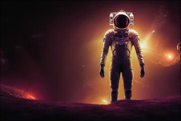 Astronaut doing space walk. Mars exploration. Front view of astronaut wearing space suit walking on a surface of a red planet.
