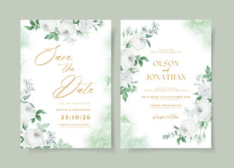 Floral wedding invitation template set with white floral and leaves decoration.