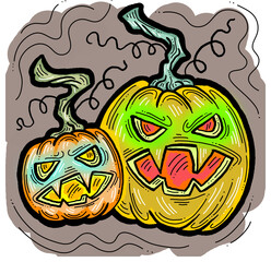 Halloween pumpkin monster head hand drawn illustration. Big round orange pumpkin. Cute and scary face ghost. Poster print design, party decoration, invitation deco.