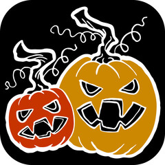 Halloween pumpkin monster head hand drawn illustration. Big round orange pumpkin. Cute and scary face ghost. Poster print design, party decoration, invitation deco.