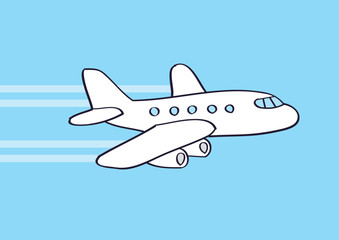 White passenger airplane flying in a blue sky cartoon vector illustration