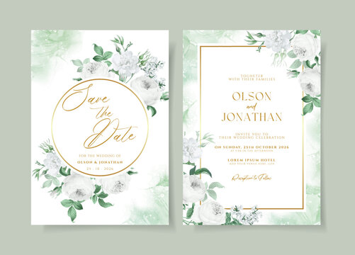 Floral Wedding Invitation Template Set With White Floral And Leaves Decoration.