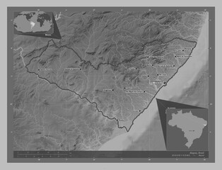 Alagoas, Brazil. Grayscale. Labelled points of cities