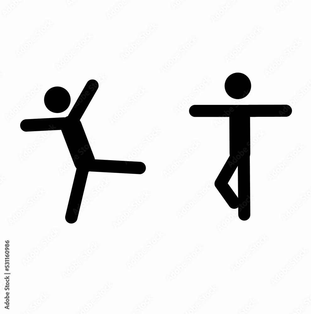 Sticker man doing gymnastics, stick man pictogram in different poses, flat design style, silhouettes of figures isolated on white