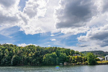 Fototapeta premium Lake Rursee, In the middle of the Eifel National Park, surrounded by unique natural scenery and unspoilt nature