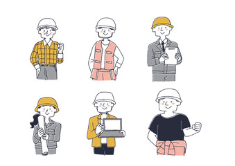 建設業で働いているさまざまな年代、性別の人物セット　コミカルな手書きの人物　ベクター、線画にカラー