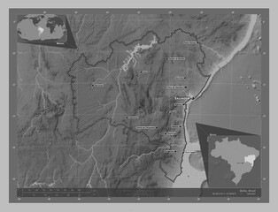 Bahia, Brazil. Grayscale. Labelled points of cities