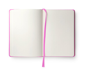 Open blank pink notebook isolated on white, top view