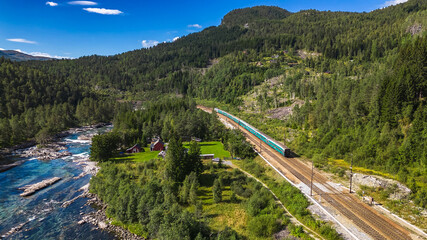 Train Oslo - Bergen near Mjolfjell in mountains. Norway.