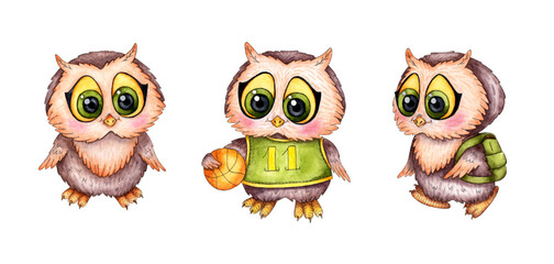 A set of small, funny watercolor owlets. Owl with a backpack, Basketball Owl. Back to school. Ideal for t-shirts, cards, prints. Isolated on white background. Drawn by hand.