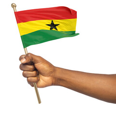 Hand holding Ghanaian national flag isolated on white background