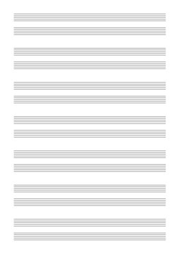 Blank sheet of music paper with empty staff lines for notation of musical notes, two lines per system, grand staff, for piano or duos (portrait)