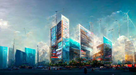 Financial graphs and digital indicators overlap with modernistic urban area, skyscrabber for stock market business concept. Double exposure. , big data connection technology concept . lighting. 3D 