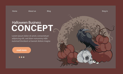 Happy Halloween Party Website Design. Landing Page Template with Symbols of Halloween Celebration. Flat Cartoon Vector Invitation Illustration for Website Page. Vector illustration