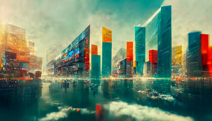 Financial graphs and digital indicators overlap with modernistic urban area, skyscrabber for stock market business concept. Double exposure. , big data connection technology concept . lighting. 3D 