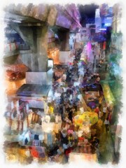 Fototapeta na wymiar Landscape of streets and buildings in the city at night in Bangkok watercolor style illustration impressionist painting.