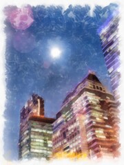 Landscape of streets and buildings in the city at night in Bangkok watercolor style illustration impressionist painting.