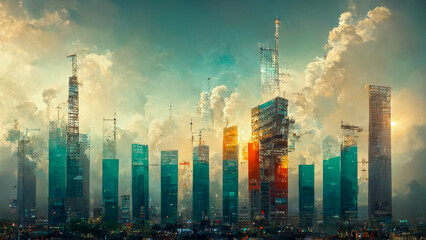 Fototapeta premium Financial graphs and digital indicators overlap with modernistic urban area, skyscrabber for stock market business concept. Double exposure. , big data connection technology concept . lighting. 3D 