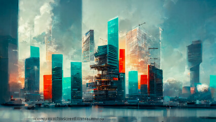 Financial graphs and digital indicators overlap with modernistic urban area, skyscrabber for stock market business concept. Double exposure. , big data connection technology concept . lighting. 3D 