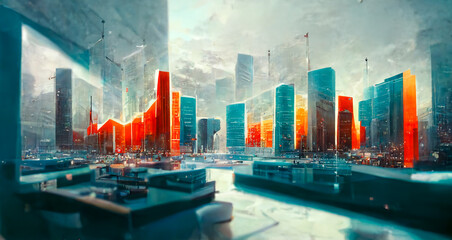 Financial graphs and digital indicators overlap with modernistic urban area, skyscrabber for stock market business concept. Double exposure. , big data connection technology concept . lighting. 3D 