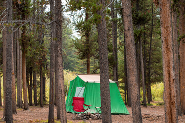 Single tent camping in the forest woods or campground on a dreary rainy cold day in nature