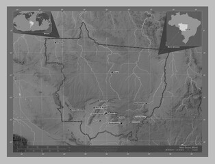 Mato Grosso, Brazil. Grayscale. Labelled points of cities