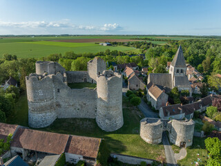 Aerial view of concentric medieval towers protecting Yvres le Chatel in France