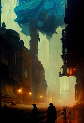 Futuristic city illustration in vintage nouveau style featuring smoke 