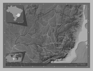 Minas Gerais, Brazil. Grayscale. Labelled points of cities