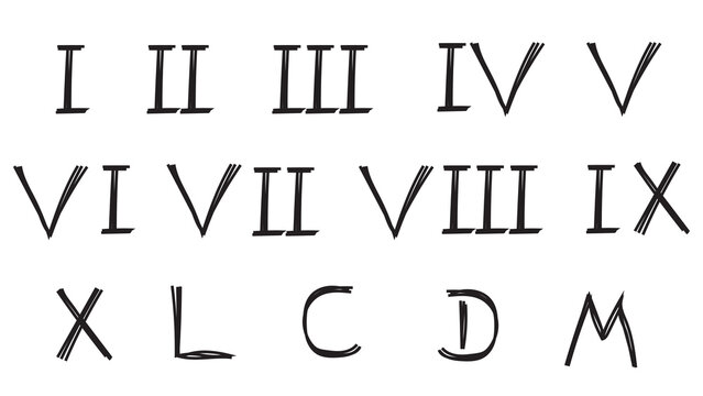 Black roman numerals white background set. 