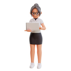 Young businesswoman holding laptop 3d cartoon illustration