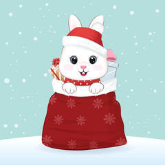 Christmas Season illustration and Cute Little Rabbit in Gift bag