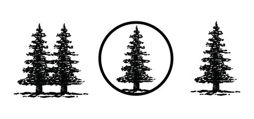 Black pine or fir tree silhouette icon vector set. Evergreen forest firs and spruces black circle shapes templates.
