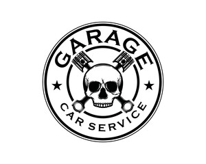 Obraz premium Human skull with car piston icon vector for garage engine logo design. Hand draw skull and car piston silhouette illustration sign symbol vector 