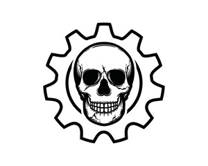 Human skull with gear icon vector for garage engine logo design. Hand draw skull and gear silhouette illustration sign symbol vector
