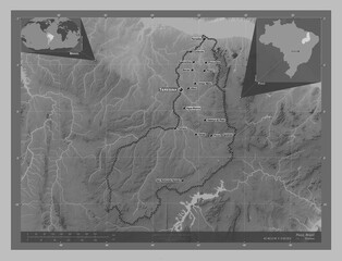 Piaui, Brazil. Grayscale. Labelled points of cities