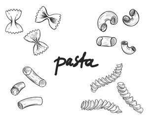 Hand drawn sketch black and white of pasta, spaghetti. Vector illustration. Elements in graphic style label, sticker, menu, package. Engraved style illustration.